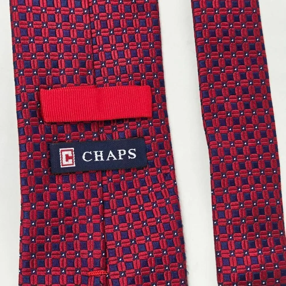 CHAPS RALPH LAUREN SILK TIE RED BLUE GEOMETRIC LUXURY SATIN 3.5